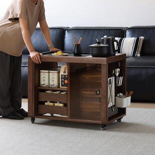 玄素家居北美黑胡桃木移动茶水柜实木茶台边柜烧水壶一体家用推车