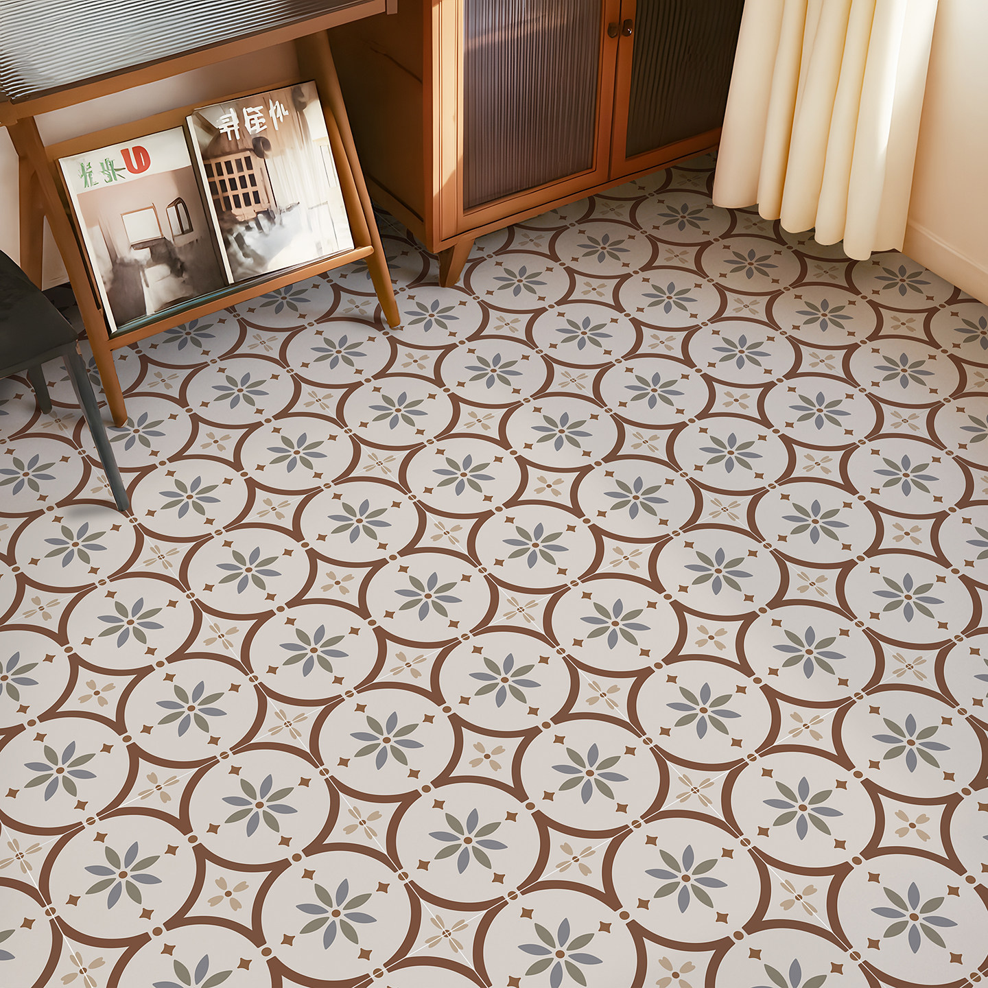 法式复古地板贴遮丑自粘贴纸卧室客厅地面翻新自粘花砖30cm防水