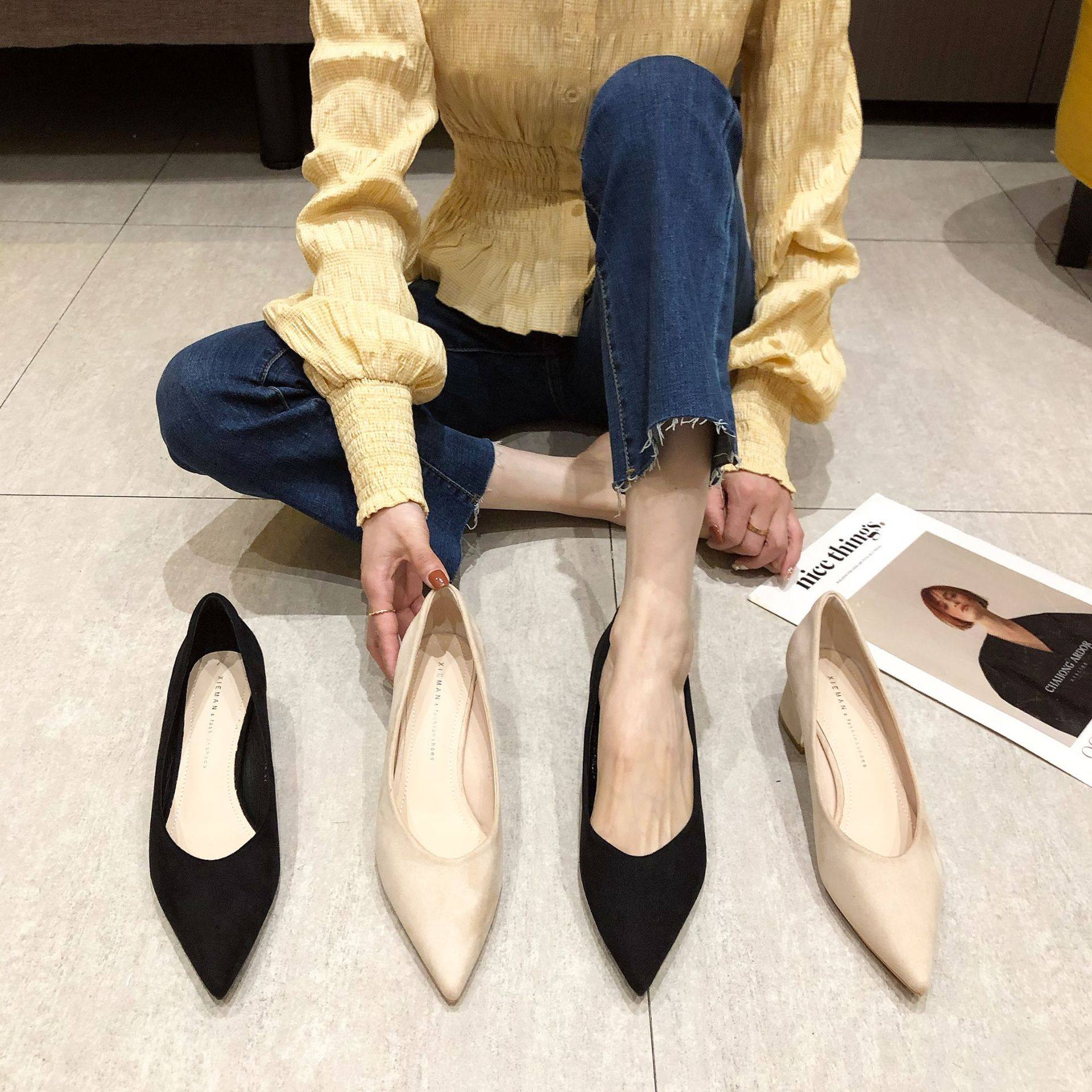 2026春简约气质款工作女鞋粗跟绒面尖头高跟鞋春秋新款百搭女单鞋,女鞋,玛丽珍鞋,淘宝优惠券,粉丝福利购,淘宝优惠卷