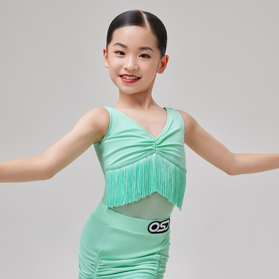 OSD拉丁舞服女童练习服夏季套装流苏裙无袖短裙儿童练功舞蹈服装