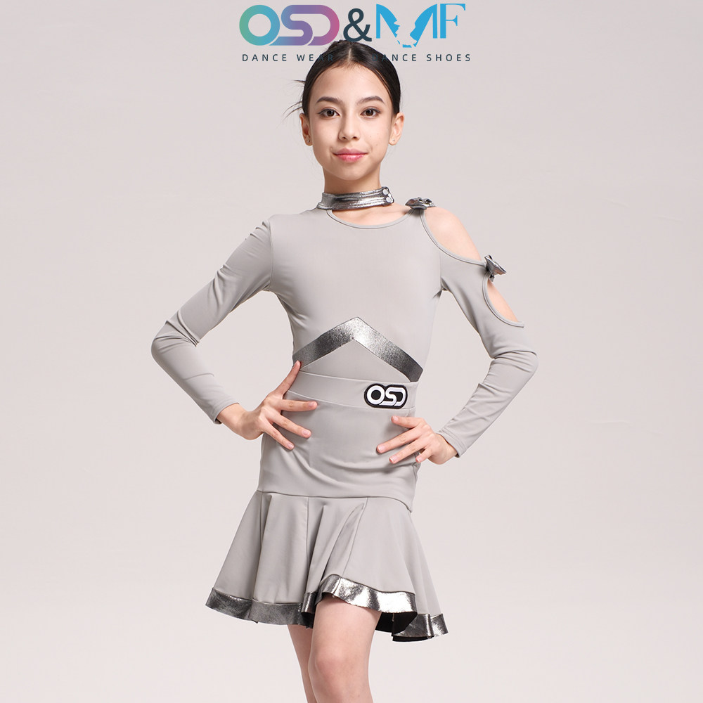 OSD拉丁舞服冬装女童2025新款露肩长袖练功服专业表演套装亮片款