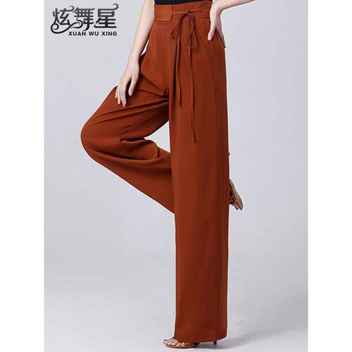 时尚拉丁舞裤高腰宽松直筒舞蹈裤高端绑带摩登舞练功裤交谊舞女裤
