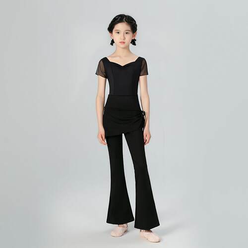 儿童演出服修身裙裤女童黑色短袖表演服喇叭裤练功服透气体服套装