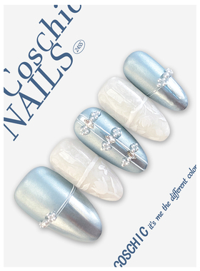 1011161 冰花蓝缎丨新中式施华洛钻纯手工定制穿戴甲高级手绘