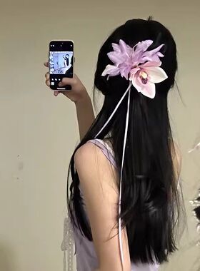 森系紫色蕙兰花朵流苏发夹女超仙氛围感纯欲风侧边夹发饰
