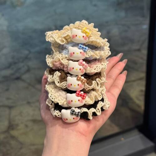 秋冬甜美蕾丝花边KT猫发圈可爱头绳毛线针织发绳少女百搭马尾皮筋