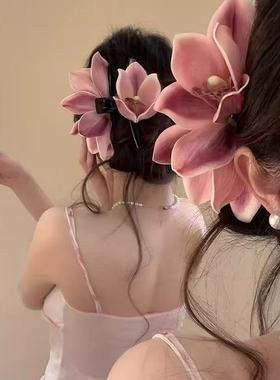 蕙兰恋歌~超仙纯欲氛围感蕙兰花发夹女紫色花朵抓夹拍照头饰发饰