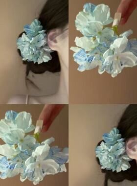 2025新款可露丽风蓝色烧边绣球花发夹仿真花发卡森系头花侧边簪花