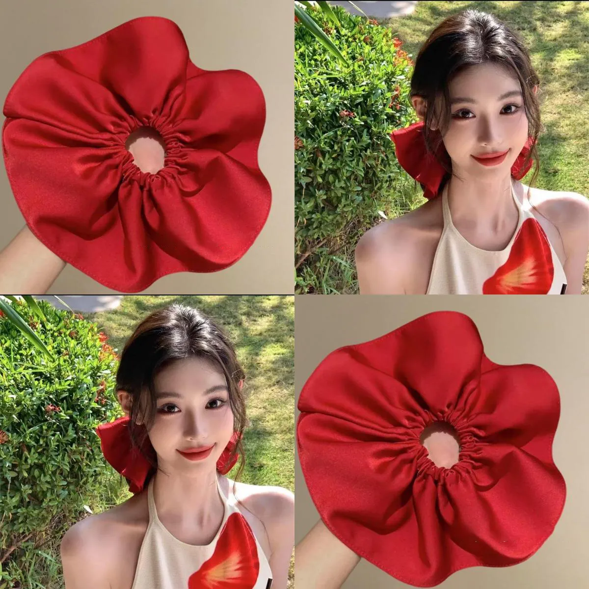 明媚大美女~超大号法式缎面红色大肠发圈女高级感头绳丸子头发绳
