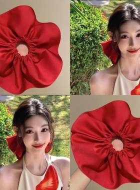 明媚大美女~超大号法式缎面红色大肠发圈女高级感头绳丸子头发绳