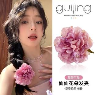 春日山茶花清冷纯色花花发夹高颜值仿真甜美花朵刘海侧边发饰氛围