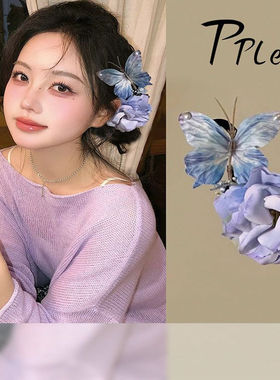 蝶恋花立体紫色蝴蝶花朵发夹森系氛围感小清新女神节气质百搭发饰