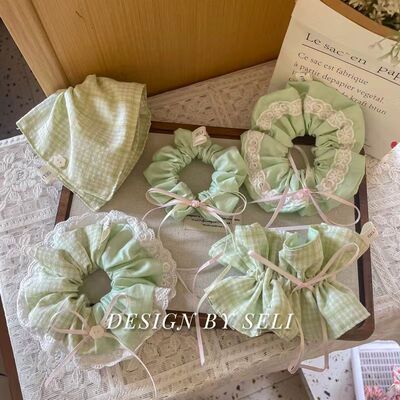 薄荷奶绿~ 可露丽风清新双拼绿色格纹方巾粉色蝴蝶结少女大肠发圈