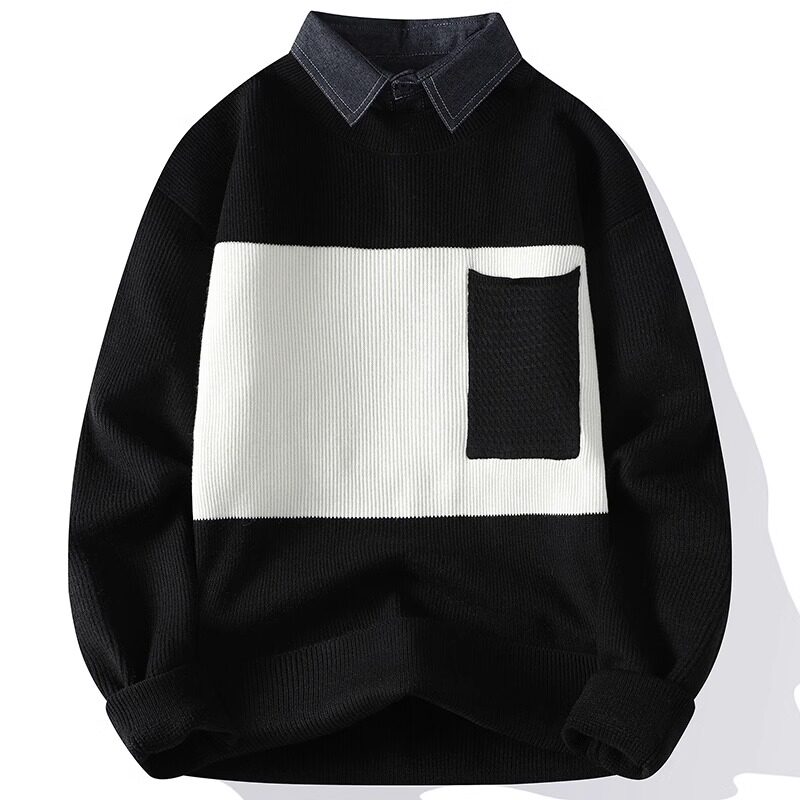 香港假两件毛衣男冬季加绒加厚潮牌衬衫针织衫男秋冬打底衫衣外套