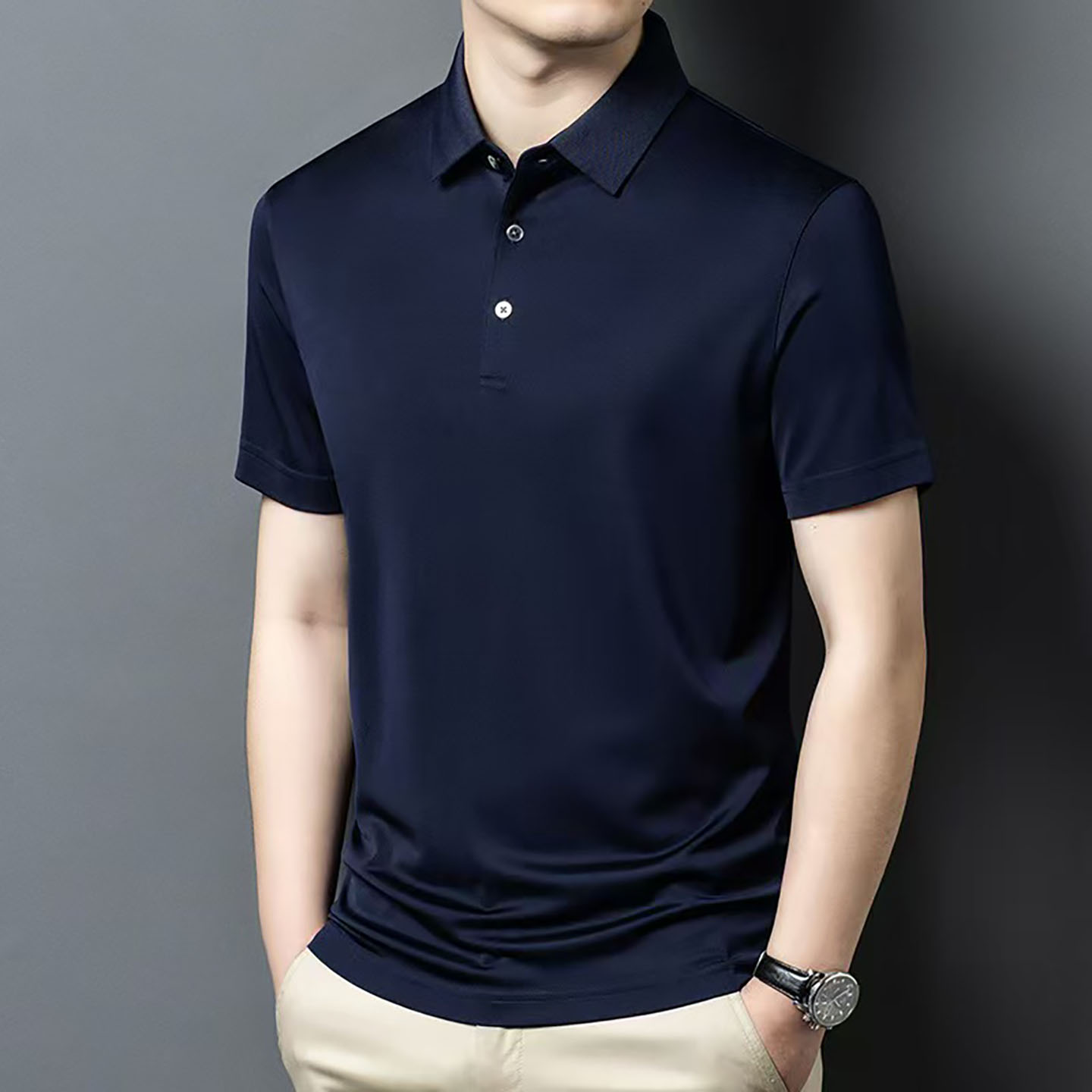 夏季中老年男100%真丝短袖POLO
