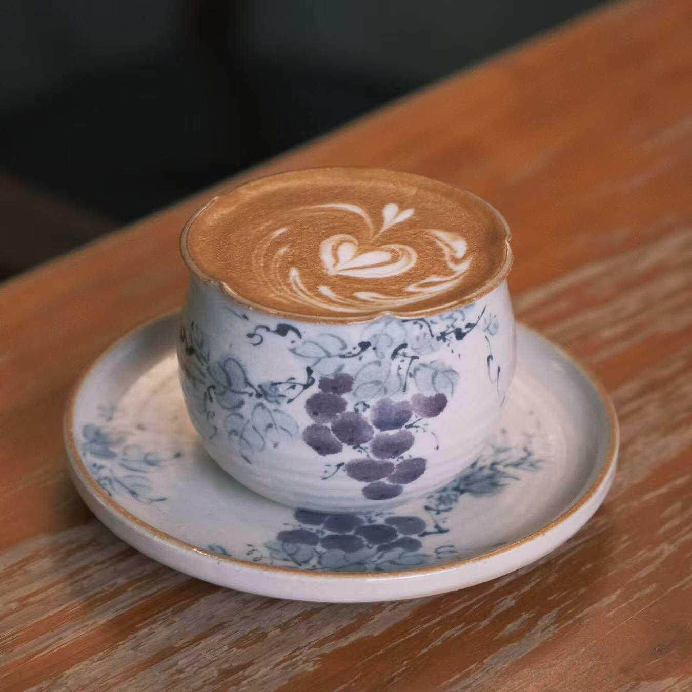 春辰花口葡萄咖啡杯碟套景德镇手作陶瓷拿铁拉花杯手绘釉下彩礼物