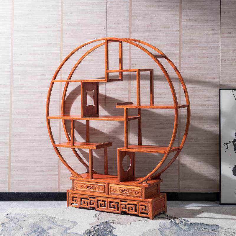 铜钱中圆形博古架实木中式榆木多宝阁仿古隔断博古架展示柜摆件架