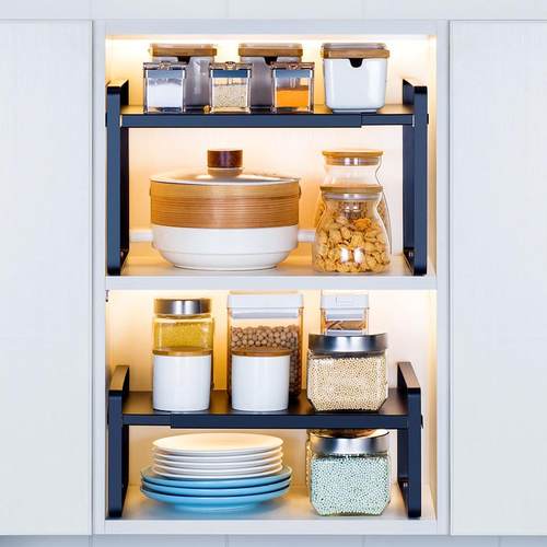 可伸缩厨房分层架整体橱柜隔层桌面置物架隔板柜内收纳层架碗碟架