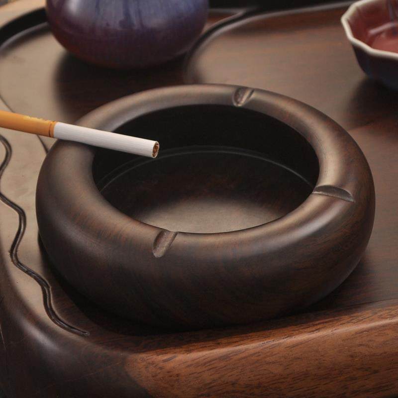 天然实木烟灰缸黑檀木烟灰缸家用中式复古创意客厅能烟缸茶道配件