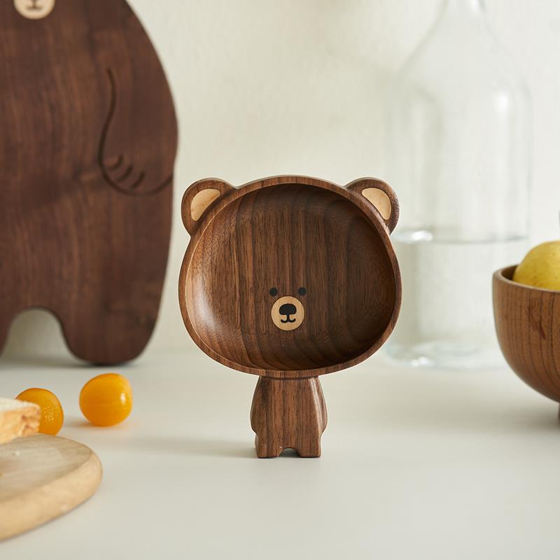 肆月可爱熊家用儿童碗防摔防烫小碗饭碗创意卡通黑胡桃木餐具单个