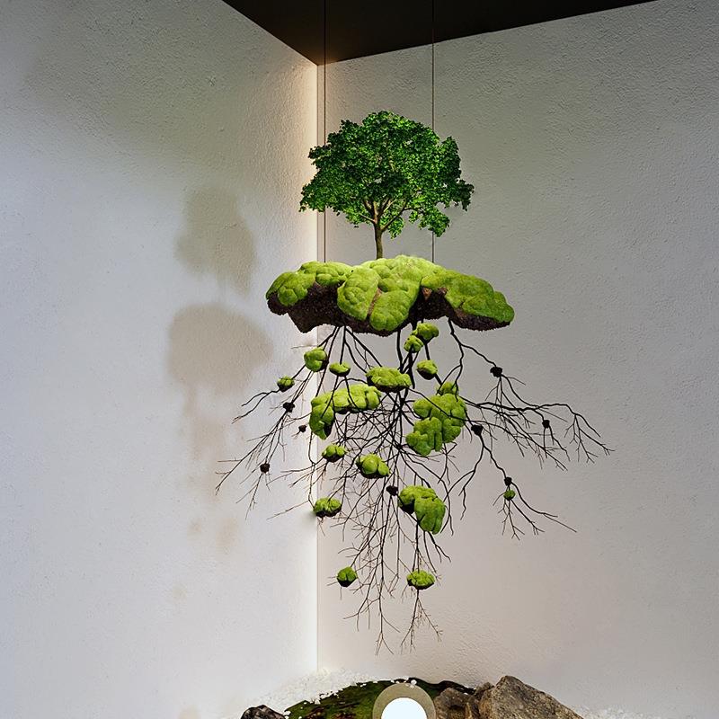 仿真绿植悬浮悬挂吊饰室内新中式橱窗茶室空间设计创意假树枯树