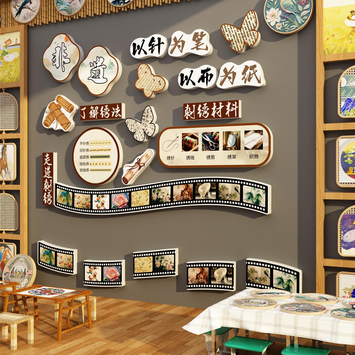 中国非遗刺绣环创传统文化主题成品幼儿园墙面装饰手工区材料布置