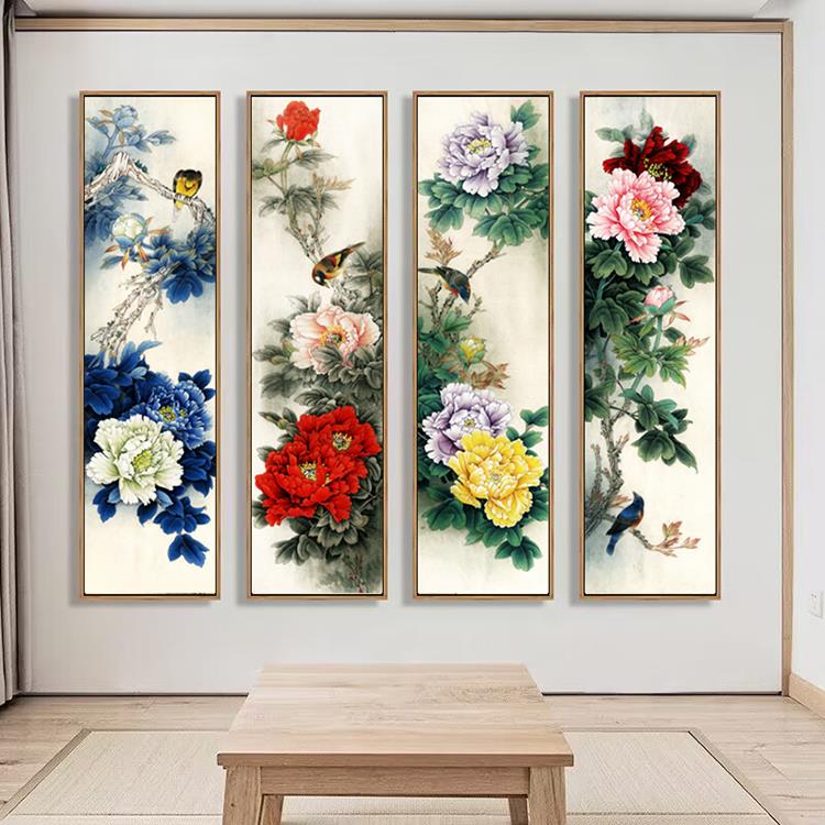 现代中式装饰画牡丹花鸟客厅沙发背景墙挂画酒店餐厅有框画四联画图片