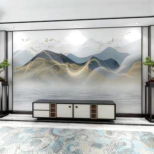 现代客厅壁纸轻奢墙布金色水墨山水抽象线条电视背景墙纸壁画 中式