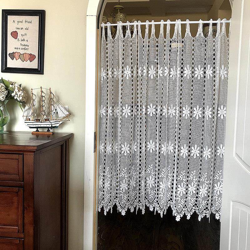 免打孔 出口韩国水融精编八叶花白色门帘隔断柜帘小窗帘可定制