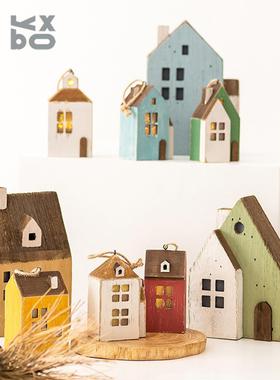 YBOX创意乡村田园木质小房子家居发光摆件挂饰圣诞装饰咖啡店饰品