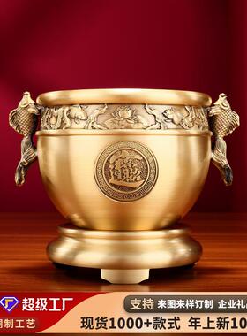 黄铜福鱼进宝缸 家居办公室装饰铜工艺品摆件双鱼铜缸 聚宝盆摆设