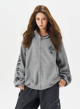 baest高街覆古哥特字母十字架连帽卫衣男情侣宽松华夫格开衫外套