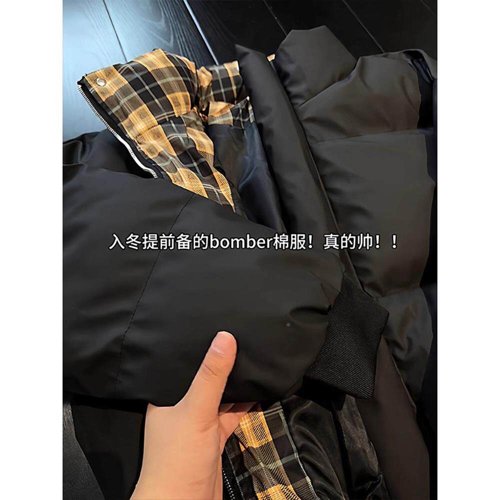 黑格纹拼接PSOP皮羽绒服男款色冬季棉服湖短款棉平衣美式立领U面