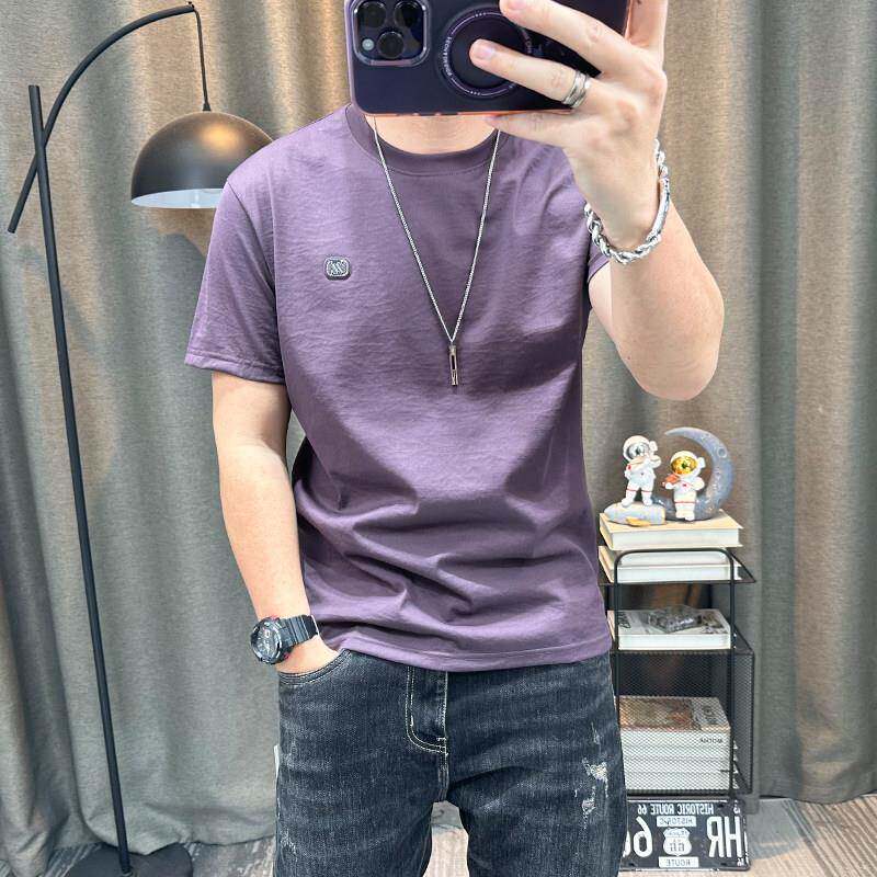 纯色短袖t恤衫男士2025夏季新款高端半袖T恤衫修身男装棉麻上衣