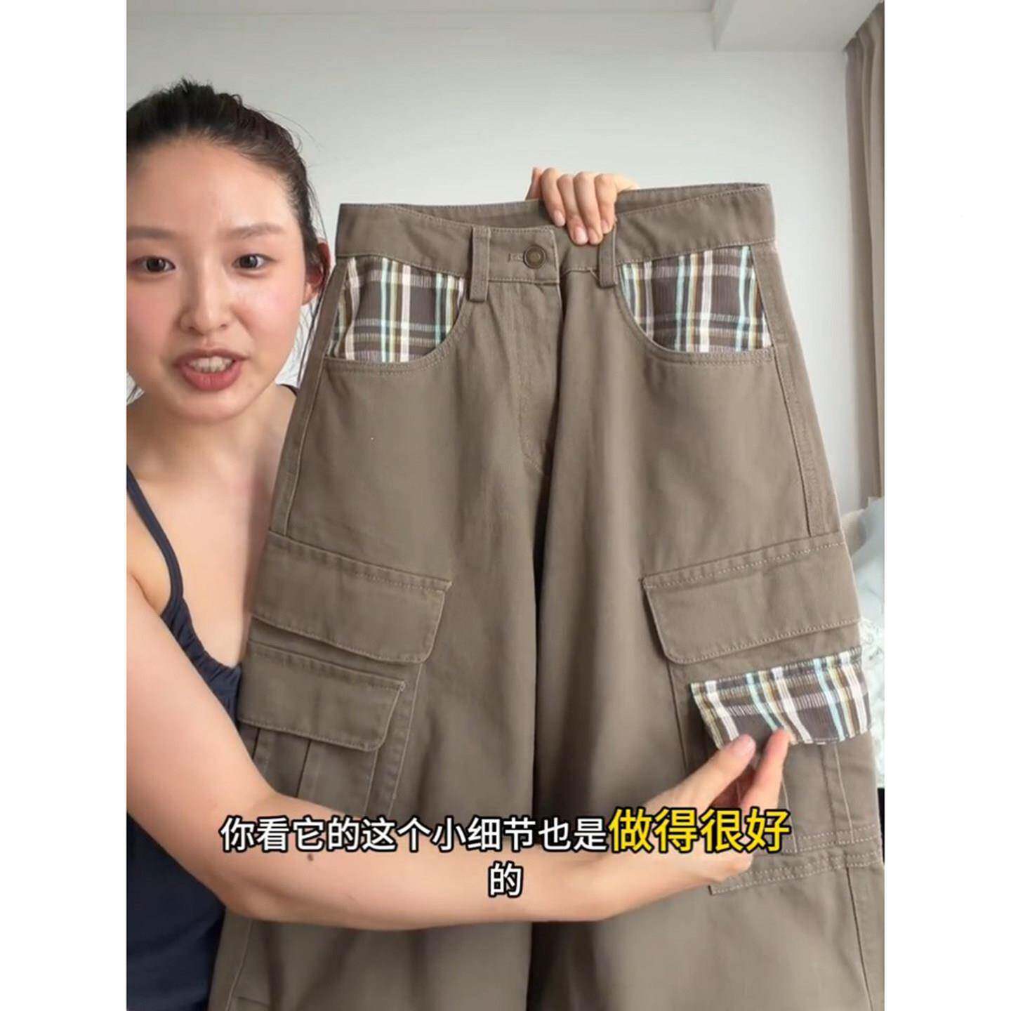 美复古街拼接格子20262004高多口袋工装风休闲长裤女宽松式垂男感
