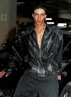 PRDX秋季新款外套男潮牌美式宽松潮流立领机车做旧工艺皮衣男夹克