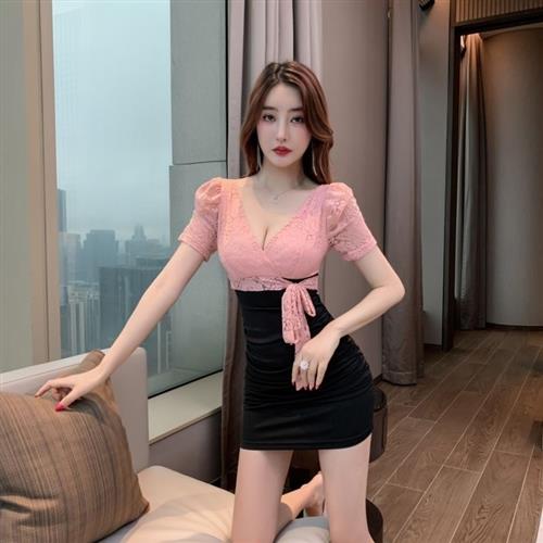 夜场上班性感连衣裙女深V足浴技师工作服短裙洗浴按摩显瘦包臀裙