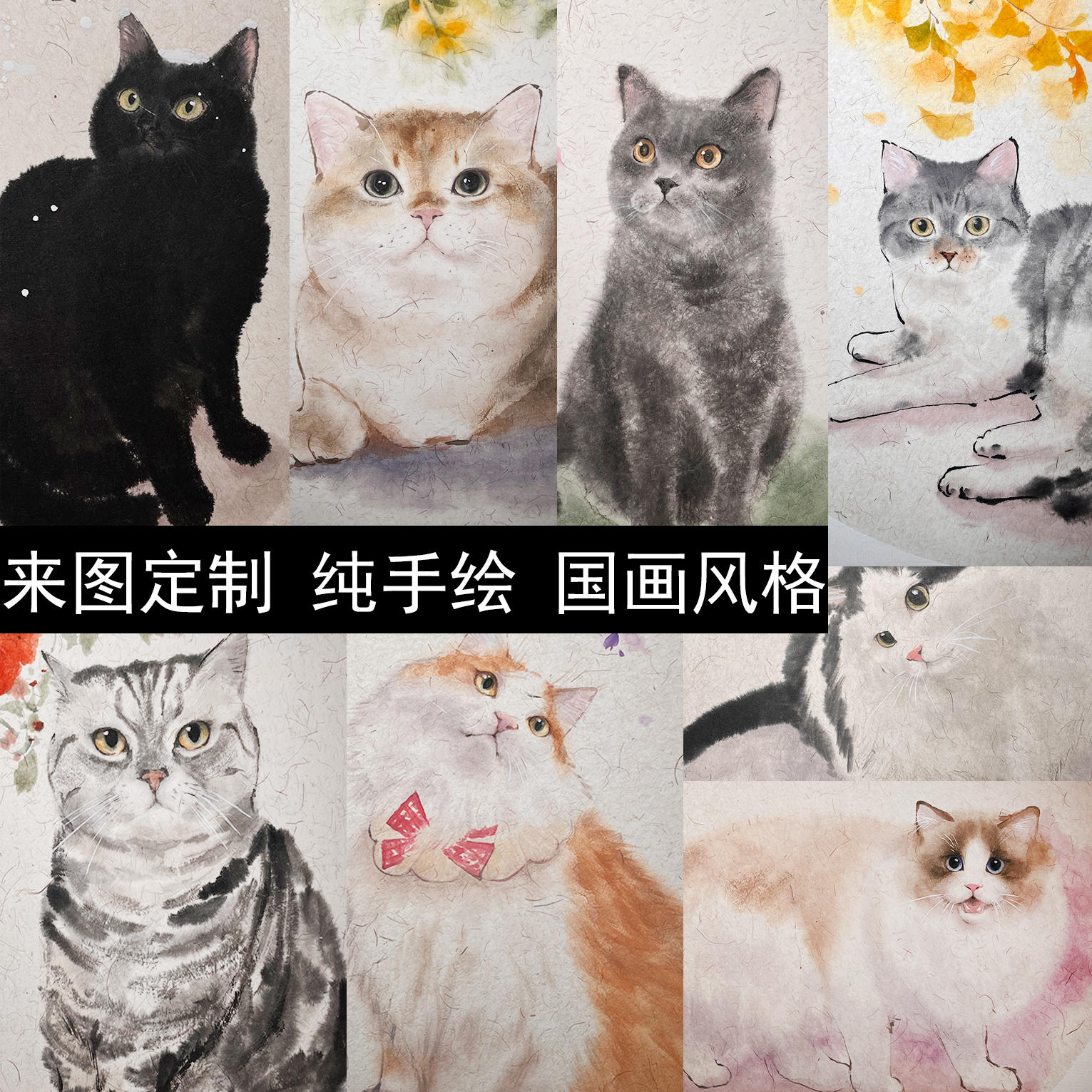 手绘国画水墨水彩风格定制猫咪墙画装饰画无框中国挂画龟龟国画图片