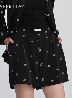 GRAFFETTA原创设计25春夏新款海洋刺绣中裤 夏季慵懒黑色显瘦