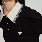 GRAFFETTA原创设计25春新款 黑色百搭MIU风 翻领女款 蕾丝长袖 POLO