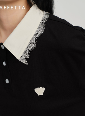 GRAFFETTA原创设计25春新款蕾丝长袖POLO 翻领女款黑色百搭MIU风