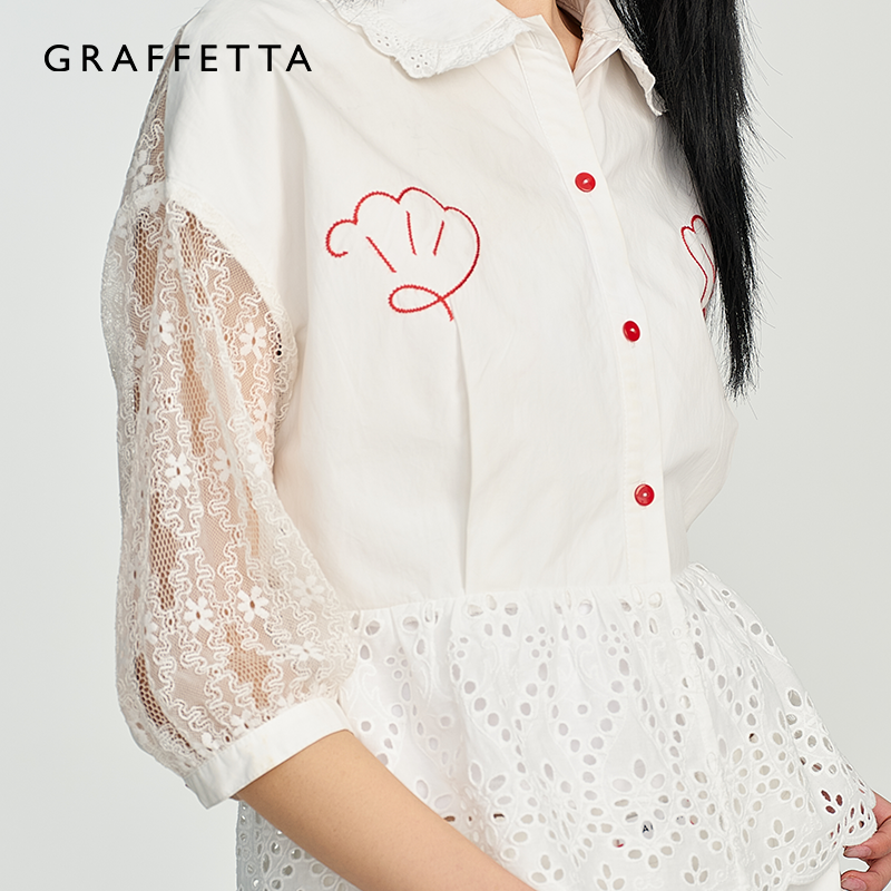 GRAFFETTA原创设计25春新款花边开衫 夏季薄款白色衬衫上衣百搭