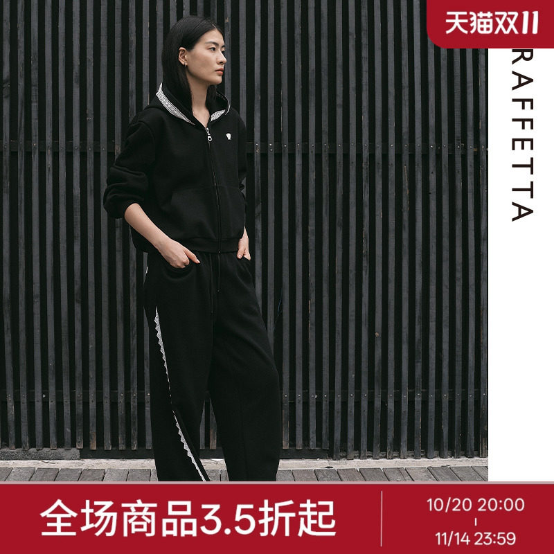 GRAFFETTA原创设计黑色花边卫衣外套女人气秋冬连帽拉链卫衣