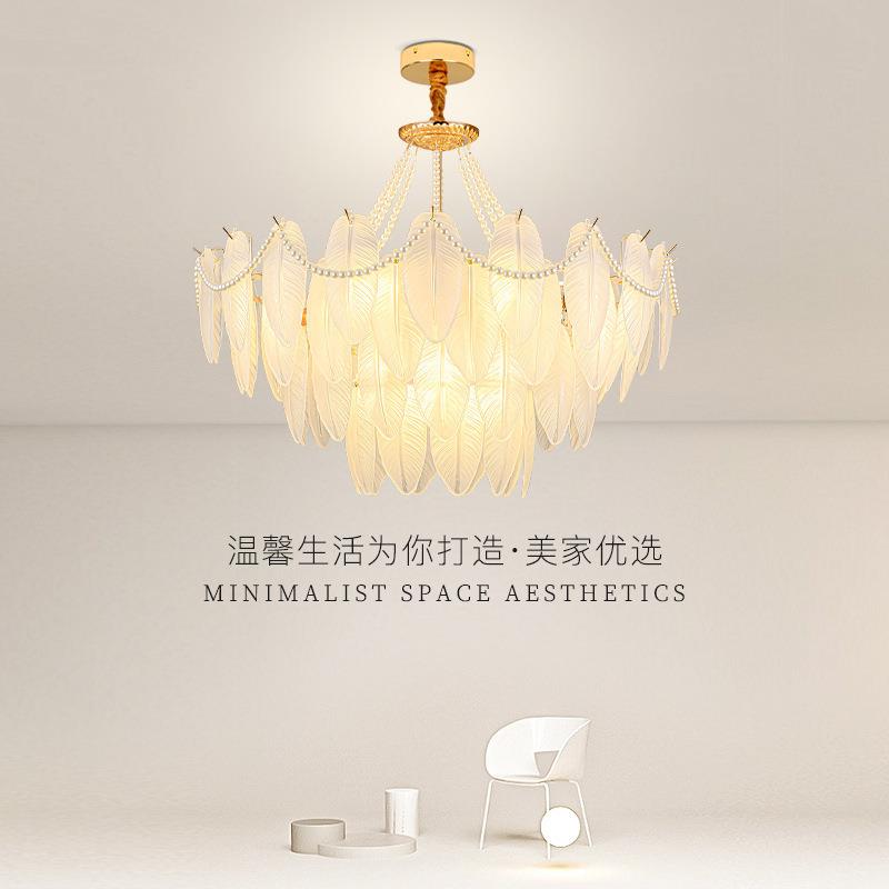法式客厅吊灯羽毛玻璃复古珍珠装饰简约现代浪漫轻奢卧室灯餐厅灯