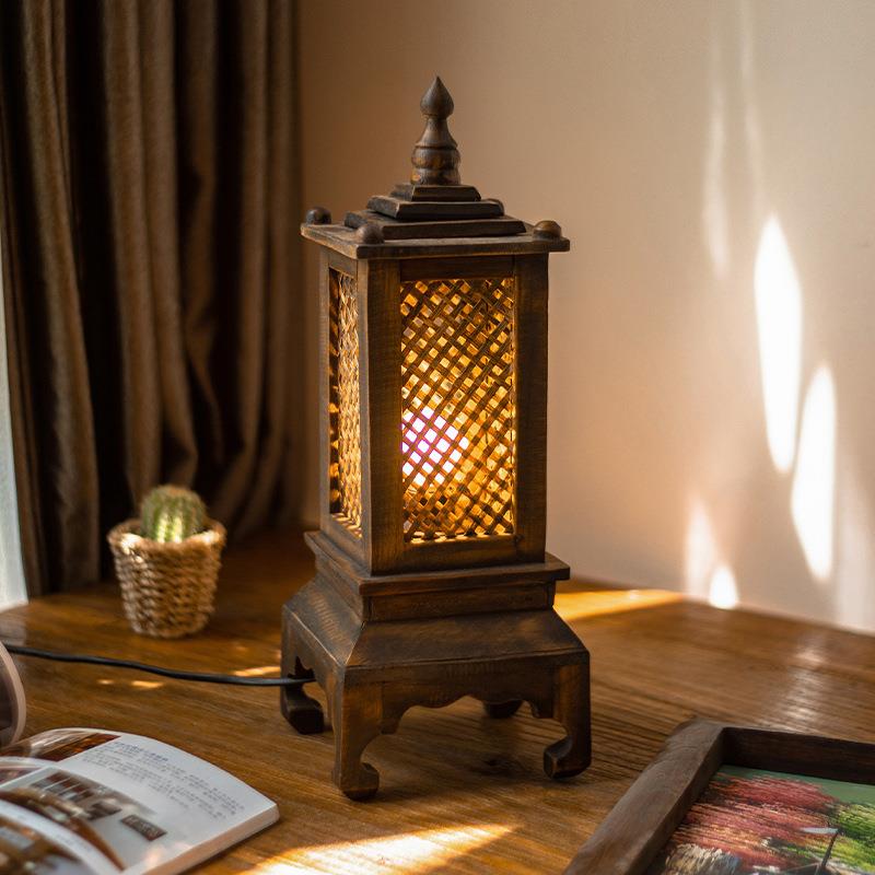 泰式古风灯具卧室实木床头灯泰国复古夜灯竹编中式台灯手工竹编