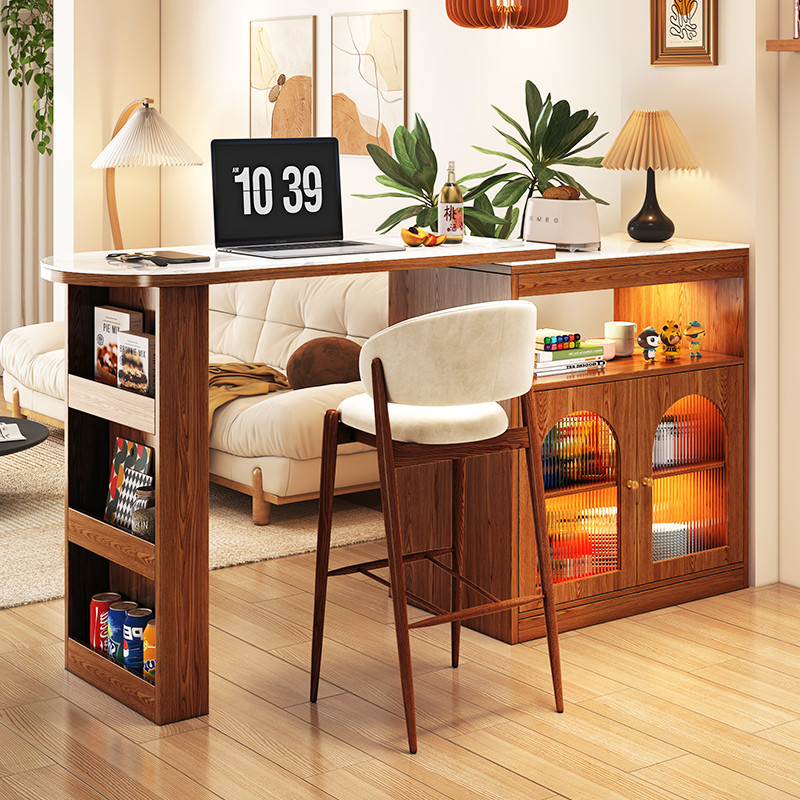 吧台桌家用客厅伸缩一体实木岩板餐边柜酒柜小户型隔断日式储物柜