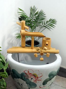 竹子流水器 鱼缸石槽鱼盆增氧过滤 客厅摆件 风水轮水车循环流水