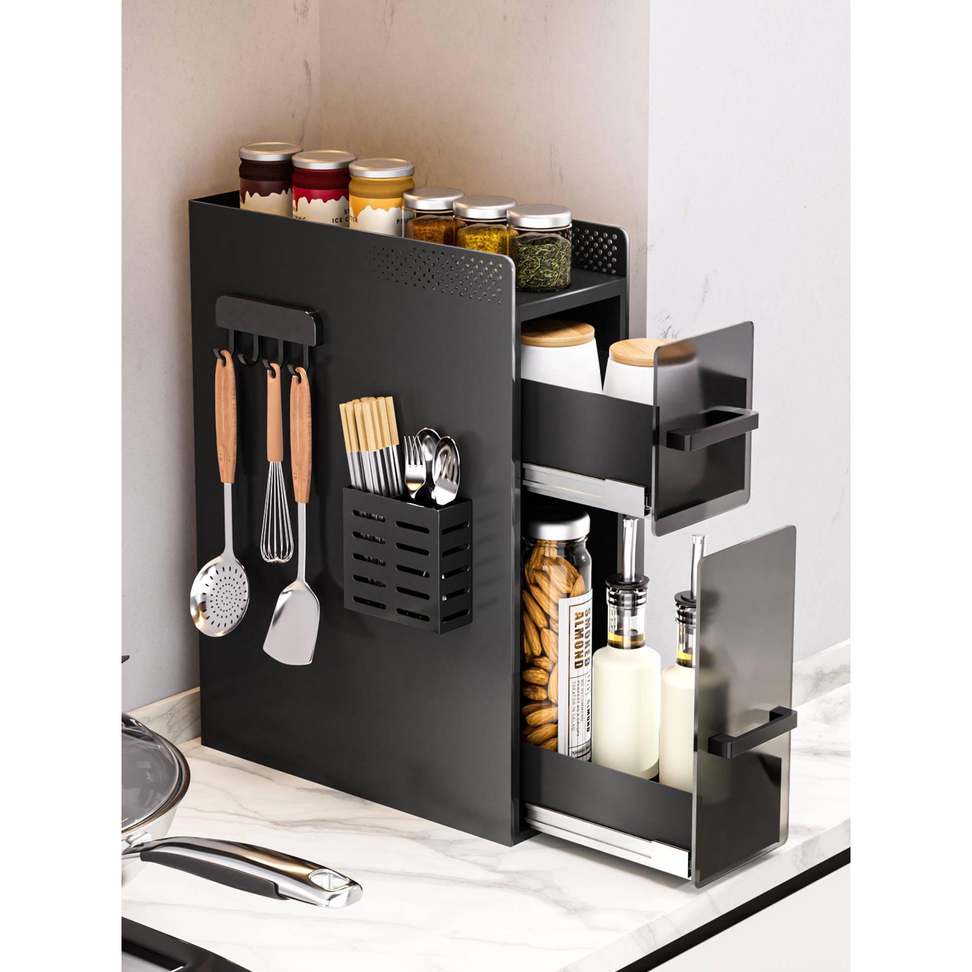 厨房调料极窄边柜置物架家用台面多层调味品转角侧面抽拉式储物柜