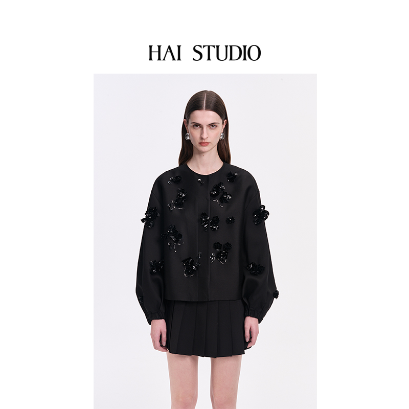 秋冬女士黑色丝毛立体花外套