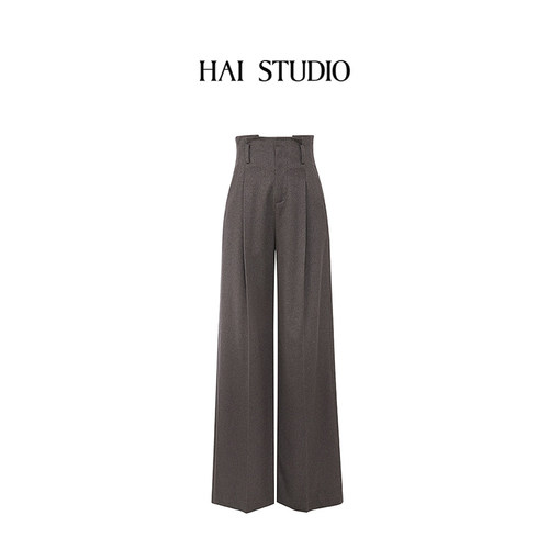 HAI STUDIO秋冬女羊绒连腰纸袋裤修身收腰阔腿裤休闲长裤小众设计